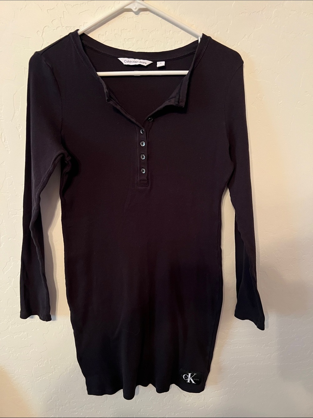 Calvin Klein Jeans Black Ribbed Long-Sleeve Henley body con lounge dress